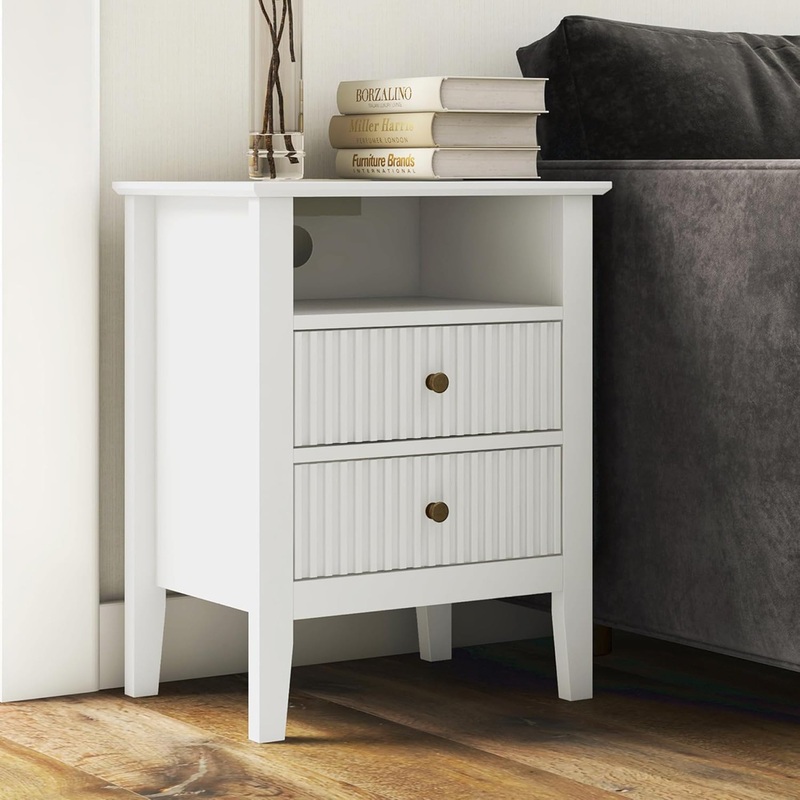 RoyalCraft Fluted 2 Drawer Nightstand, Table w/ Charging Station, White (Used)