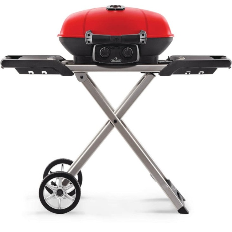 TravelQ 285X Portable Propane Gas Grill and Scissor Cart with Griddle, Red