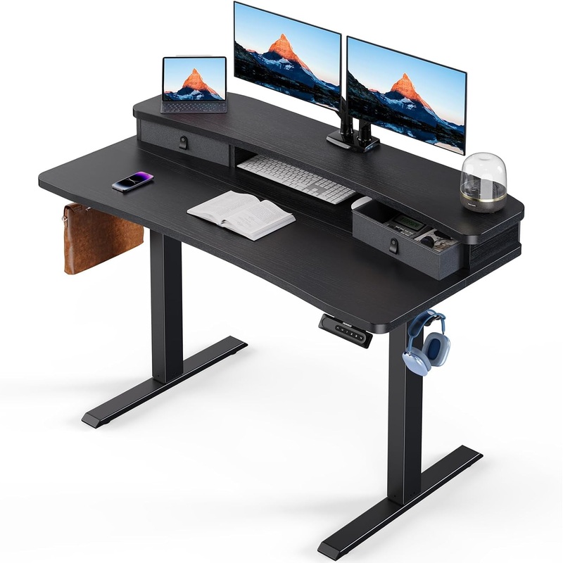 48 X 24 Electric Standing Desk with 2 Drawers, C-Clamp Mount Compatible, Height Adjustable Computer Desk, Home Office Stand up Desk with 4 Preset Heights & 2 Hooks, Black Black 48″ X 24″