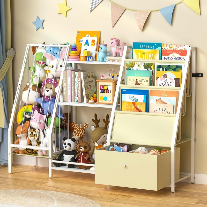 Kids Bookshelf and Toy Storage, 3 Tier Kids Bookcase, Sling Book Shelf and Stuffed Animal Storage, Toddler Montessori Bookshelf with Toy Organizer for Kids Rooms, Bedroom, Playroom, Nursery