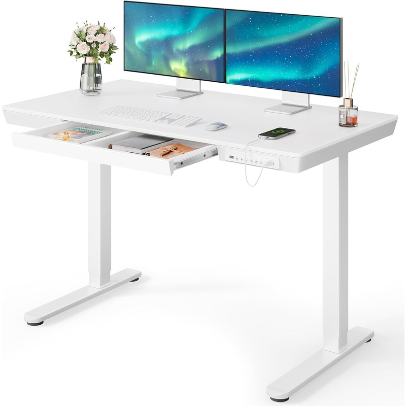 Standing Desk with Drawer, 48 X 24 Inch Whole Piece Tabletop Electric Standing Desk, Height Adjustable Desk with USB Charging Ports, Sit Stand Desk with Storage for Home & Office White White Wood 48*24 Inch