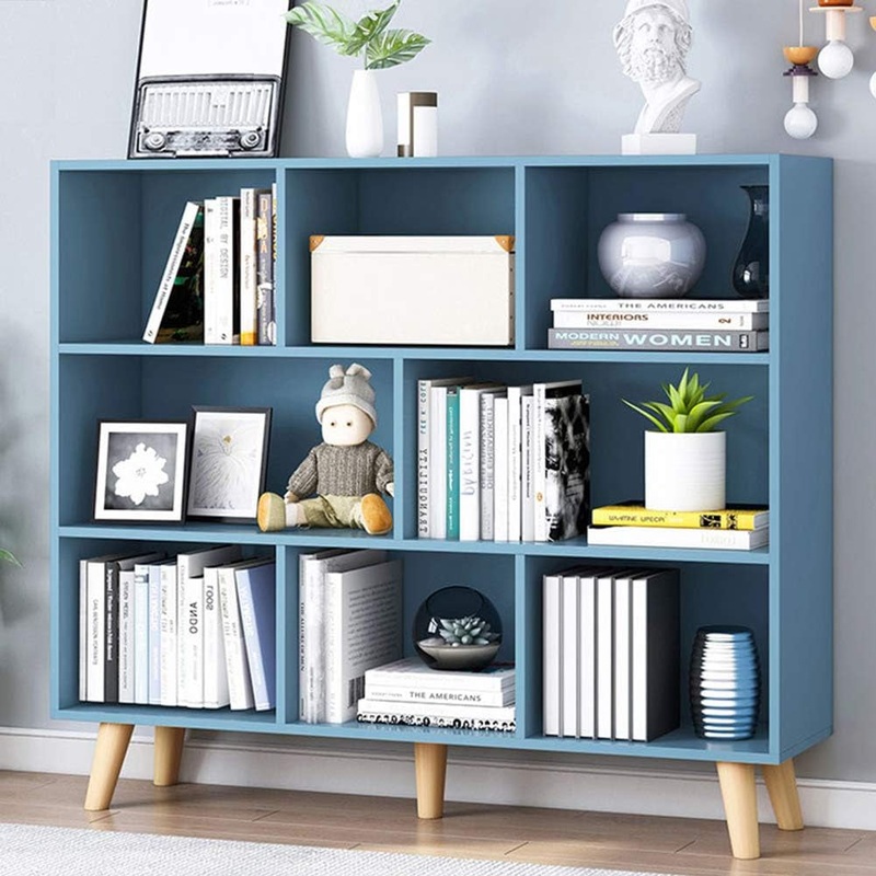 Wooden Open Shelf Bookcase – 3-Tier Floorstanding Display Cabinet Rack with Legs, 8 Cubes Free Standing Bookshelf, Bright Blue Bright Blue 100Cm