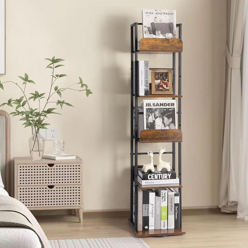 Black 5-Shelf 360 Rotating Corner Bookshelf Tower Black Frame
