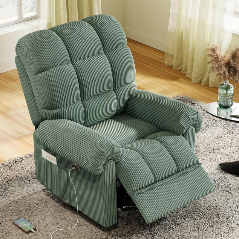 Upgraded 2024 New Power Recliner Chair for Adults, Adjustable Electric Chair Power Reclining Sofa, USB Port, Ultra-Comfy Corduroy Recliner for Living Room, Tool-Less Assembly Single Sofa Green Green Corduroy Fabric