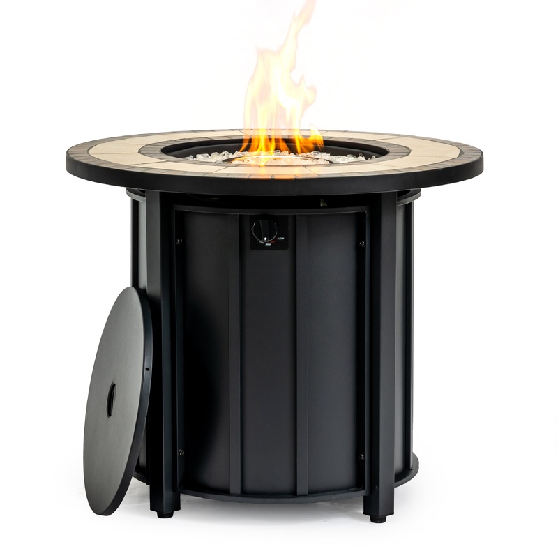 30″ Propane Gas Fire Pit Table, 50000 BTU Round Steel Fire Pit with Mosaic Ceramic Tabletop for Outside Patio Deck Garden Backyard- Black Black