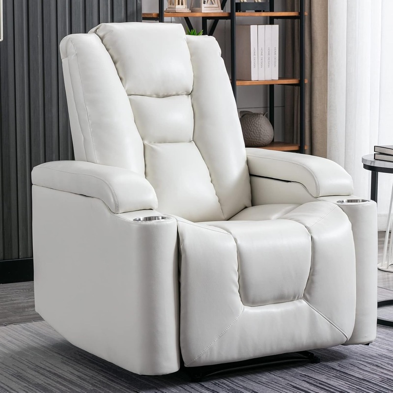 White Power Recliner Chair Electric Home Theater Seating Soft Leather Movie Chair for Living Room Overstuffed Single Reclining Sofa with Hidden Arm Storage, Cup Holders and USB Ports (Cream White) Cream White