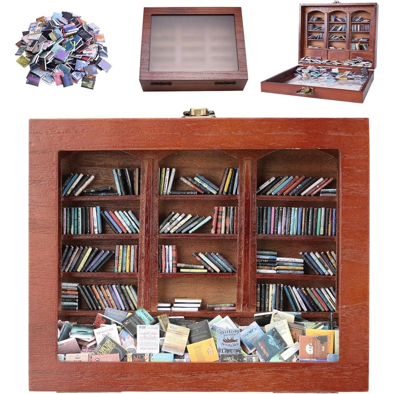 Anxiety Bookshelf Tiny Miniature Library Display Cabinet with Mini Books | Stress Relief and Creativity Decor – Mini Book Matchbox Shelf for Anxiety Relief