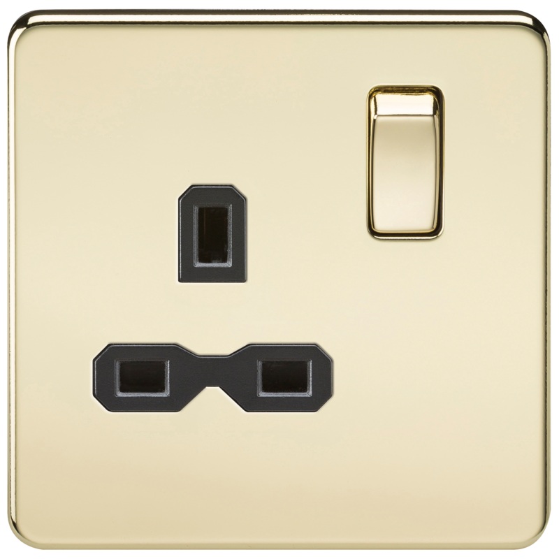1G DP 13A Screwless Polished Brass 230V UK 3 Pin Switched Electrical Wall Socket – Black Insert