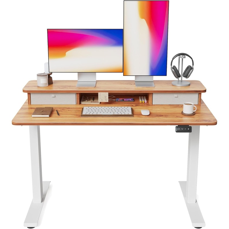 48 X 24 Inch Height Adjustable Electric Standing Desk with Double Drawer, Stand up Desk with Storage Shelf, Sit Stand Desk, Light Wood Light Wood 48 Inch