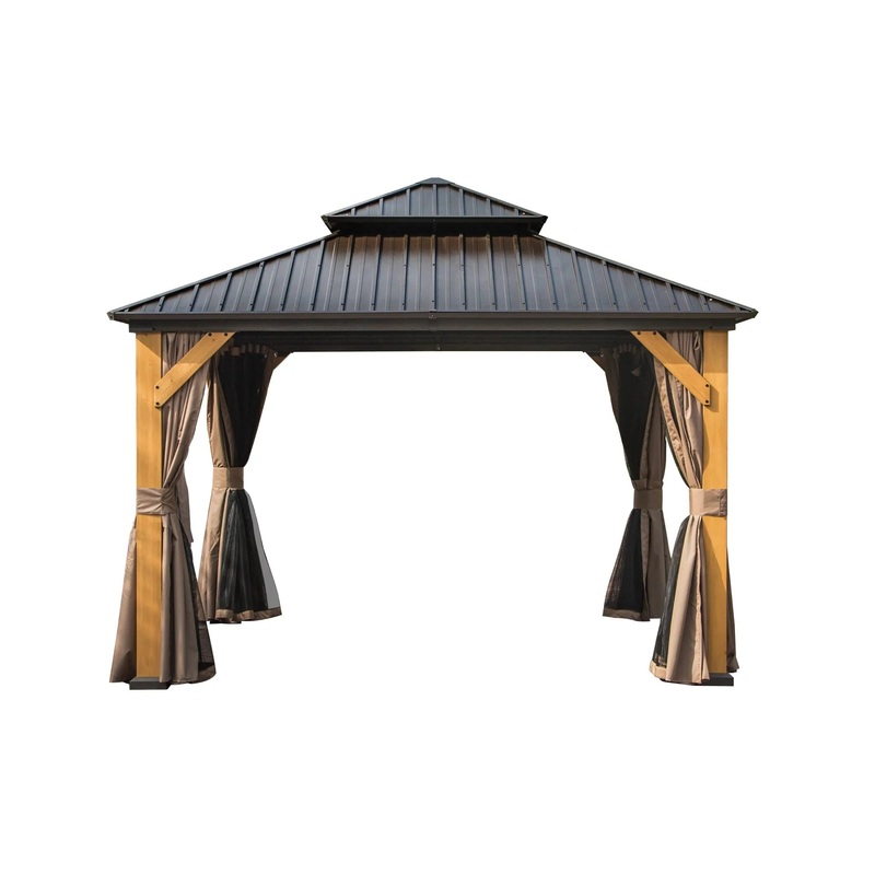 ZephyrDome Gazebo with  Cedar Wood Frame, Steel Double Roof, Curtains & Net for Patio 12×12 FT