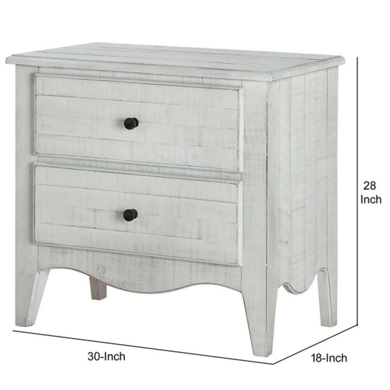 28 Inch 2 Drawer Plank Style Nightstand, Weathered White