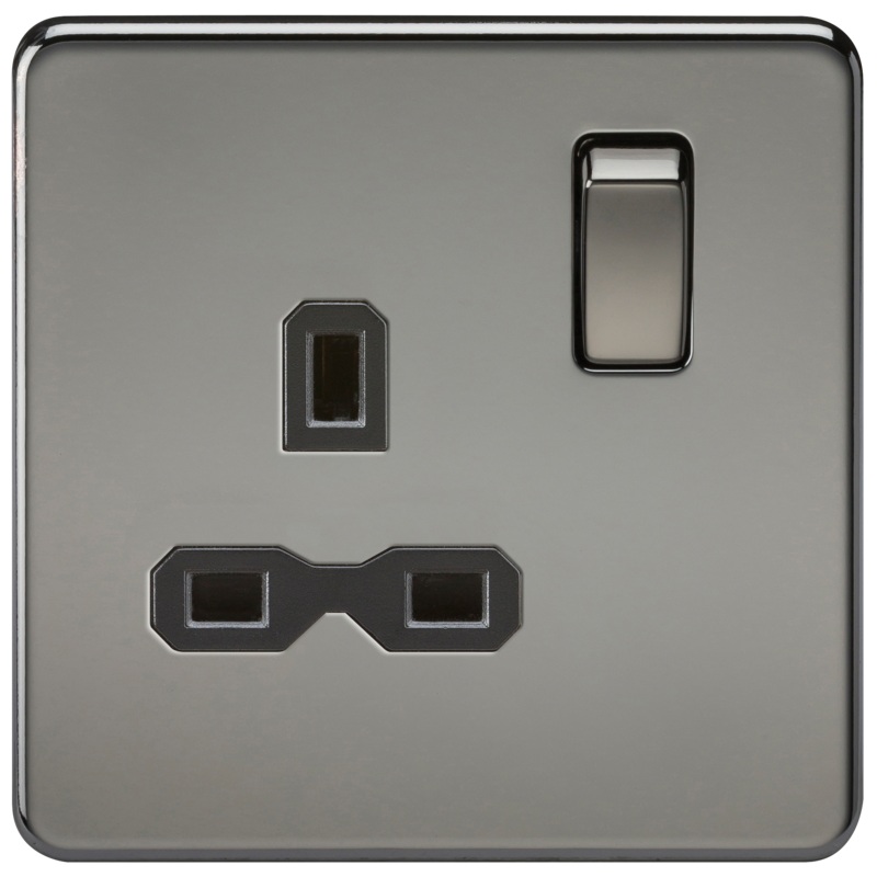 1G DP 13A Screwless Black Nickel 230V UK 3 Pin Switched Electrical Wall Socket – Black Insert