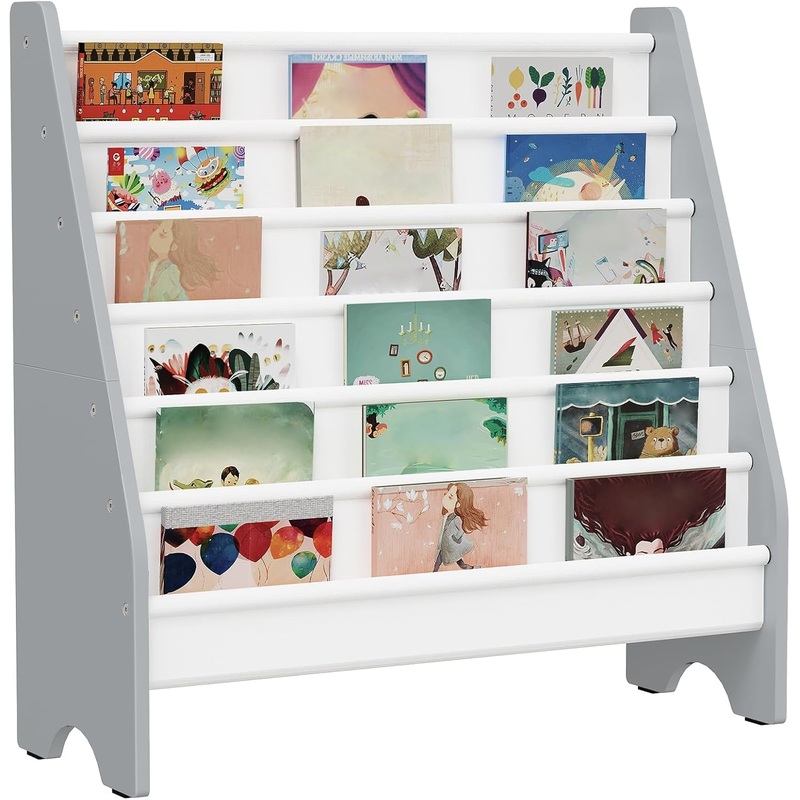 6-Tier Kids Bookshelf, Kids Sling Bookcase, Magazine and Book Storage Rack, Large Capacity Book Organizer, Book Shelf for Kids Room, Bedroom, Nursery, Playroom, White and Gray MCW07WG Gray