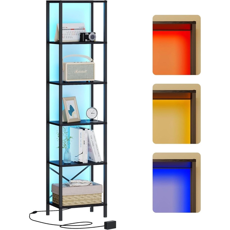 6-Tier Bookshelf, Tall Narrow Bookcase with LED Lights, Book Shelf with Steel Frame, Display Storage Shelf for Living Room, Bedroom, Home Office, Study, Balcony, Black Black 6 Tier