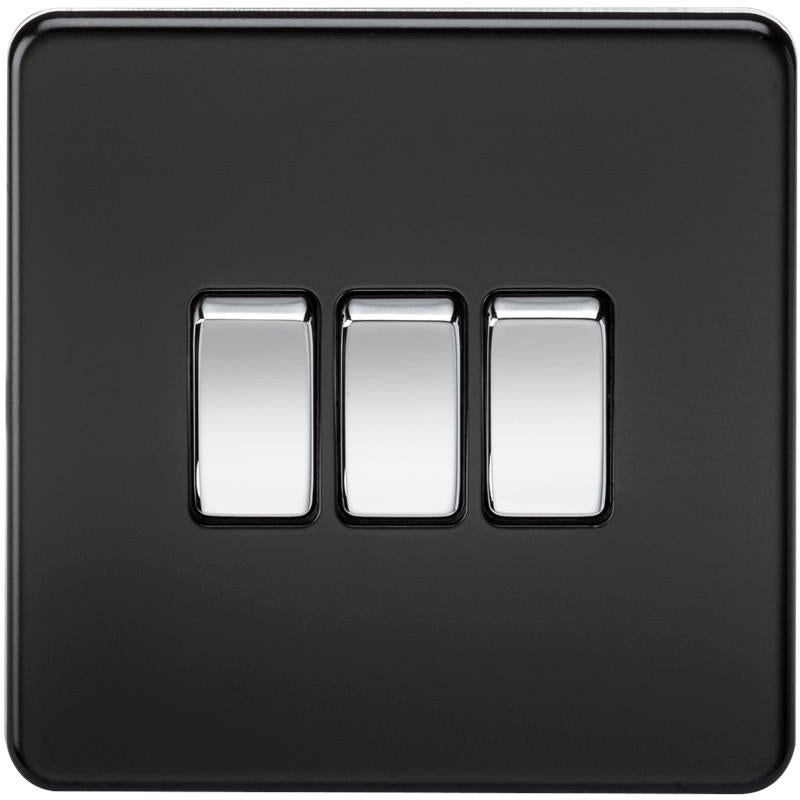 10A 3G 2 Way 230V Screwless Matt Black Electric Wall Plate Switch