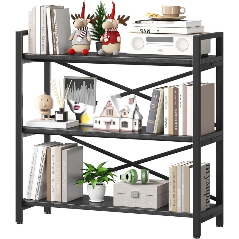 3 Tier Bookshelf 31.49″ Width, Wood and Metal Etagere Bookcase, Vintage Farmhouse Modern Wooden Big Book Shelf for Home Living Room Bedroom Office Storage(Black) Black 3 Tier – 31.5″ W