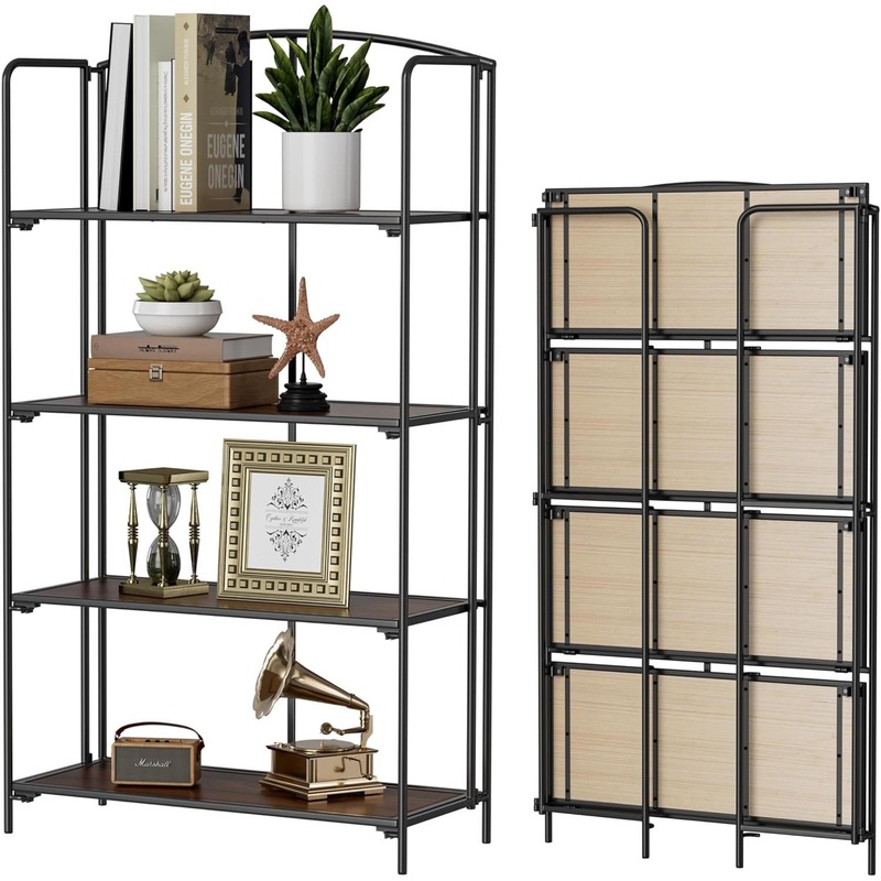 No Assembly Folding Bookshelf for Living Room, 4 Tier Black Collapsible Book Shelf for Home Office, Portable Bookcase Storage Organizer Black Frame  Walnut Shelf 4 Tier Wider