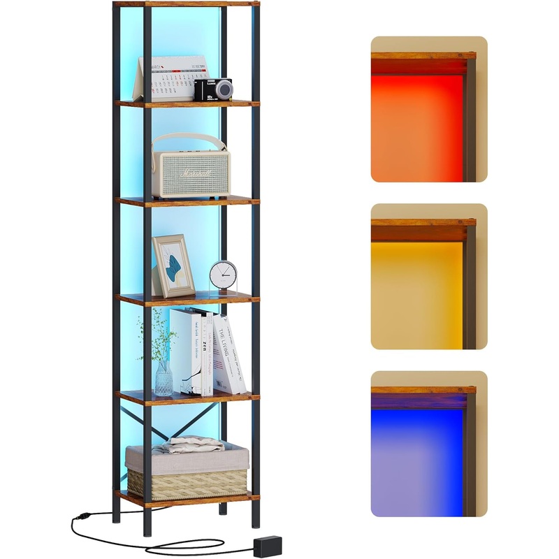6-Tier Bookshelf, Tall Narrow Bookcase with LED Lights, Book Shelf with Steel Frame, Display Storage Shelf for Living Room, Bedroom, Home Office, Study, Balcony, Rustic Brown Rustic Brown 6 Tier
