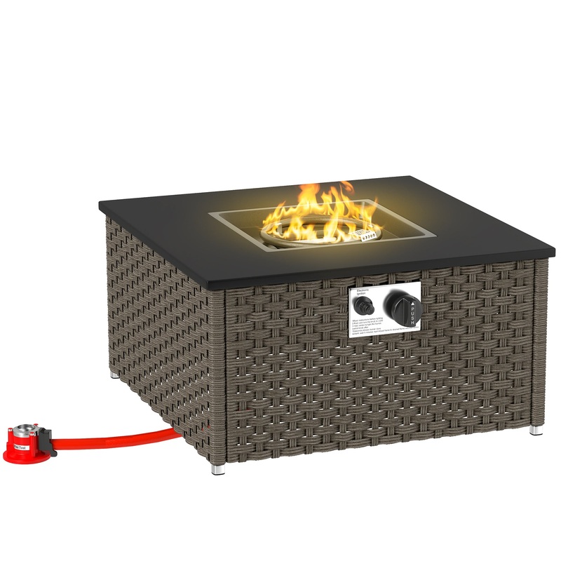 13 KW Rattan Gas Fire Pit Table, Propane Fire Pit for Garden, Grey