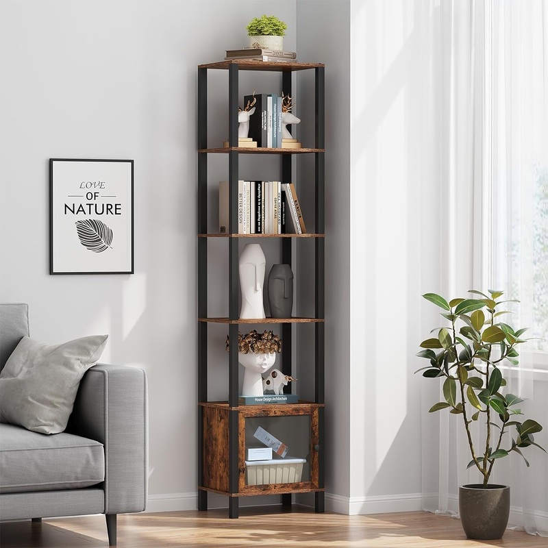 6 Tier  and Bookshelf, Narrow Book Shelf with Door for Small Space, for Living Room, Office, Study, Entryway, Brown BS03BB006 Brown 6 Tier(10.7 X 15 X 65.3 Inches)