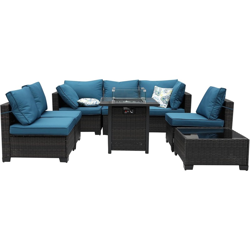 8-Piece Patio Set Furniture Rattan Wicker Outdoor Sectional Sofa with 28″ Gas Fire Pit Set and Cushions, Conversation Set for Backyard, Patio, Garden, Brown/Peacock Blue Brown And Peacock Blue 8Pcs Sofa Set