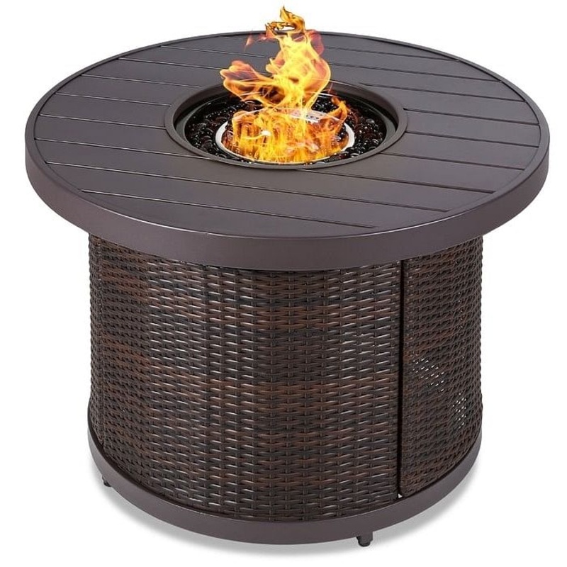 50,000 BTU Round Gas Fire Pit, Brown Wicker, Faux Wood Tabletop