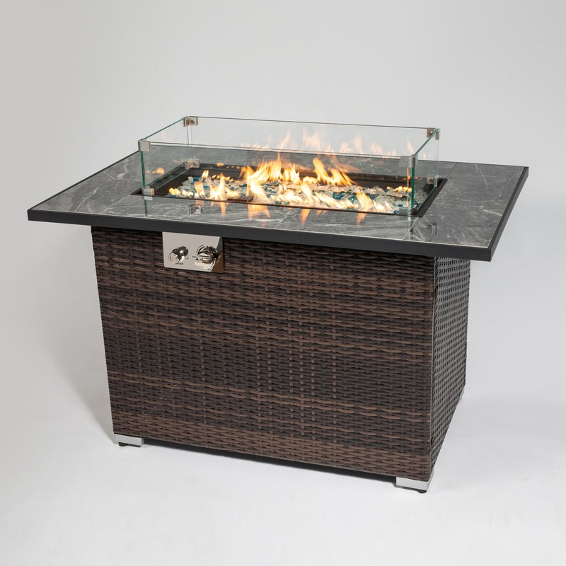 44″ Propane Gas Fire Pit Table, 50000 BTU Rectangular Fire Pit, Tile Tabletop with Beautiful Wicker Base for Outside Patio Deck Garden Courtyard-Brown Brown