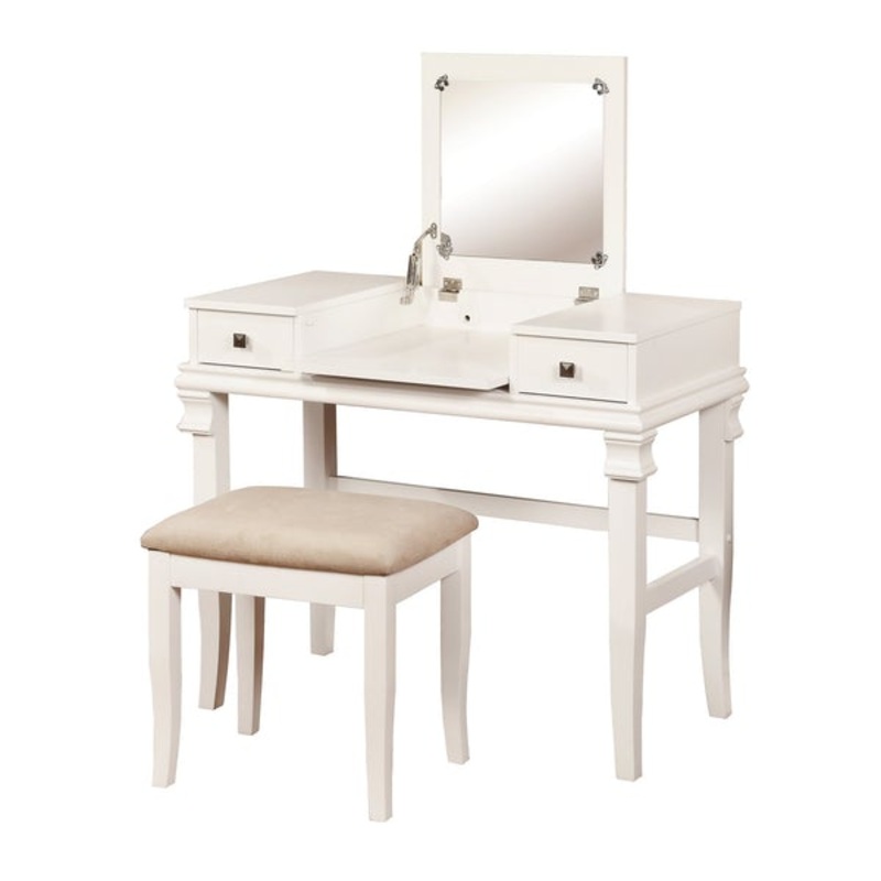 Wooden Vanity Set With Flip Top Mirror And 2 Drawers, White And Beige – BM16844