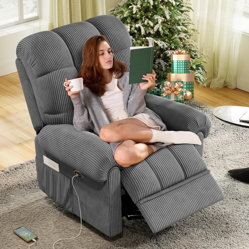 Upgraded Power Recliner Chair for Adults, Adjustable Electric Chair Power Reclining Sofa, USB Port, Ultra-Comfy Corduroy Recliner for Living Room, Tool-Less Assembly Single Sofa Gray Grey Corduroy Fabric