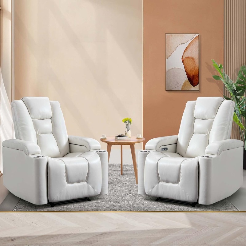 White Power Recliner Chair Set of 2, Electric Home Theater Seating Soft Leather Reclining Chairs for Movie Room Overstuffed Recliners with Hidden Arm Storage, Cup Holders and USB Ports Cream White, Set Of 2