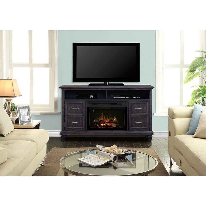 Solomon Electric Fireplace Media Console w/ Logs in Weathered Grey