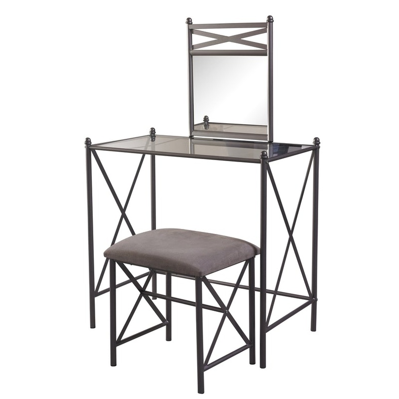 Metal And Glass Vanity Set With Crossbar Support, Brown And Black