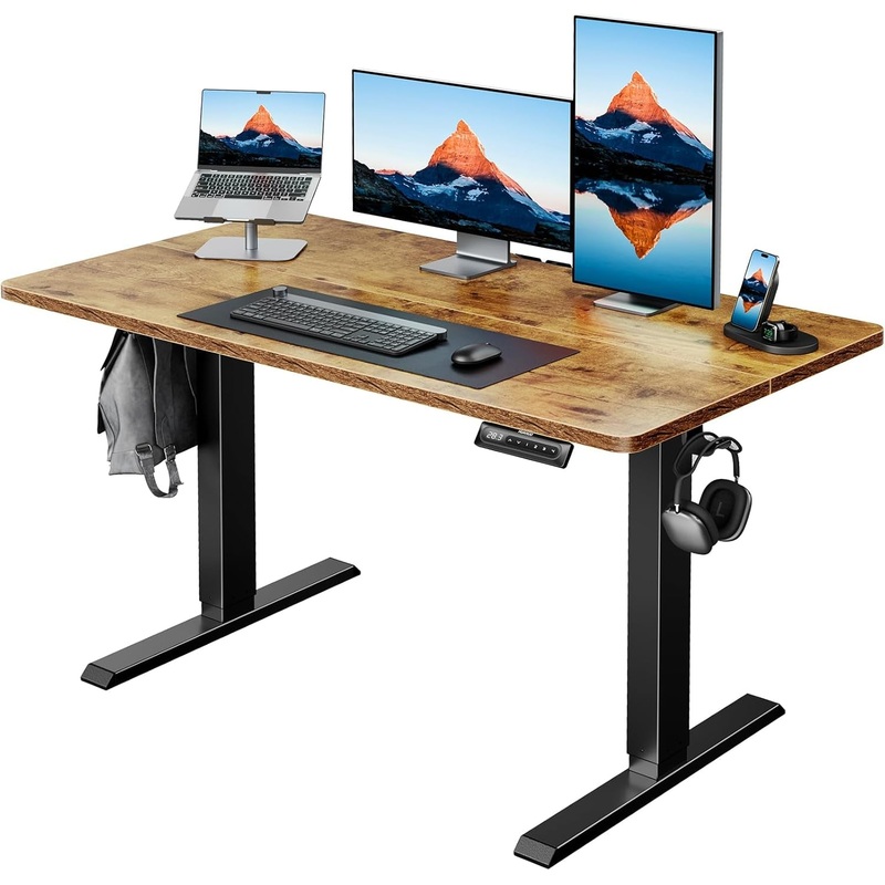 48″ X 24″ Electric Standing Desk Adjustable Height, 4 Memory Height Settings, Headphone Hook, Cable Manager, Sit Stand up Desk for Home Office & Computer Workstation, Vintage Brown Vintage Brown 48″ X 24″