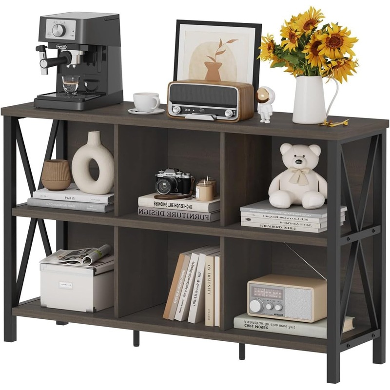 Rustic 6 Cube Storage Organizer with Shelf, Wood and Metal Cubby Bookcase, Industrial Horizontal Bookshelf for Living Room, Office (Walnut Brown, 47 Inch) Walnut Brown