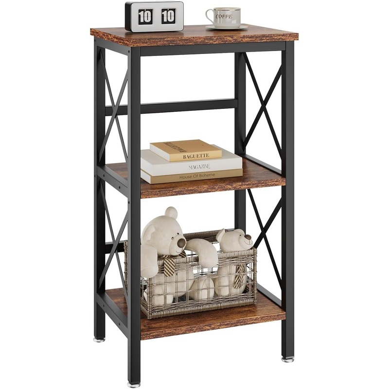 3 Tiers Bookcase, Industrial Metal Bookshelf with Side Fence, Storage Organizer for Living Room, Home Office, Bedroom, Display Racks, Sofa Side Table, Rustic Brown, 29.5*15.75*11.4″ UHST008H Rustic Brown 3 Tiers