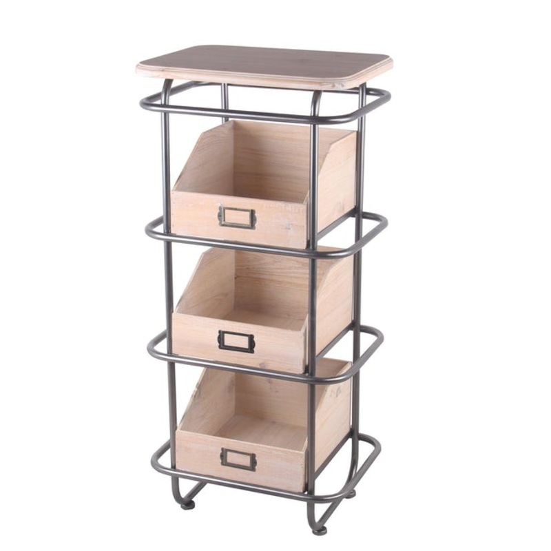 Tubular Metal Frame Accent Table With 3 Storage Boxes, Brown And Gray – BM216830