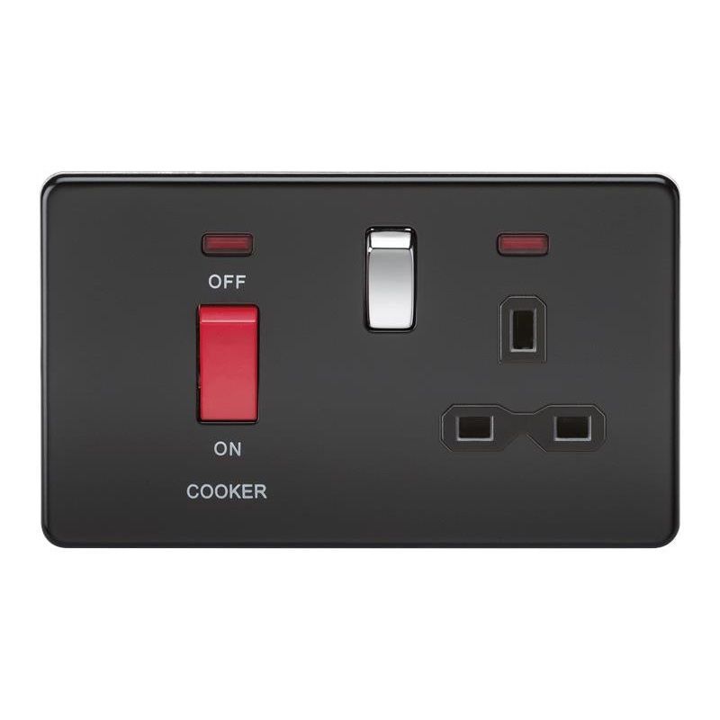 45A 2G DP 230V Screwless Matt Black Electric Switch With Neon and Socket