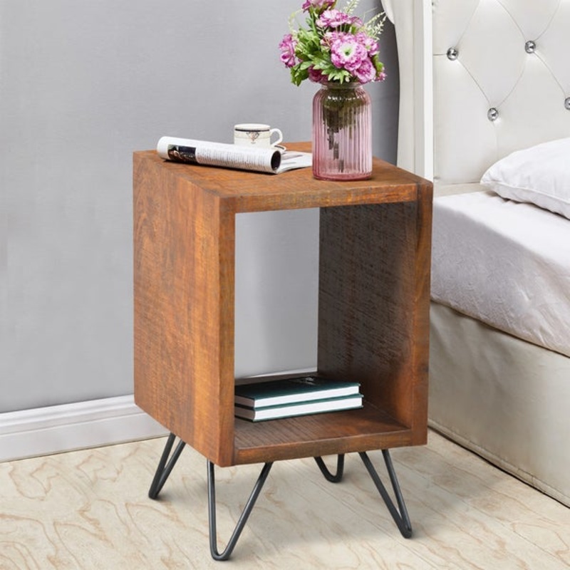 22 Inch Textured Cube Shape Wooden Nightstand With Angular Legs, Brown And Black