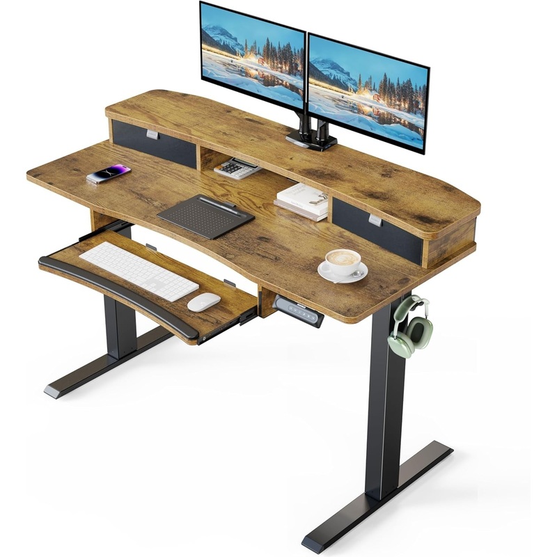 48″ X 26″ Electric Standing Desk with 2 Drawers & 26.7″ Large Keyboard Tray, C-Clamp Mount Compatible, Adjustable Computer Desk for Home Office, Stand up Desk with 4 Height Presets, Vintage Vintage Brown 48″ X 26″