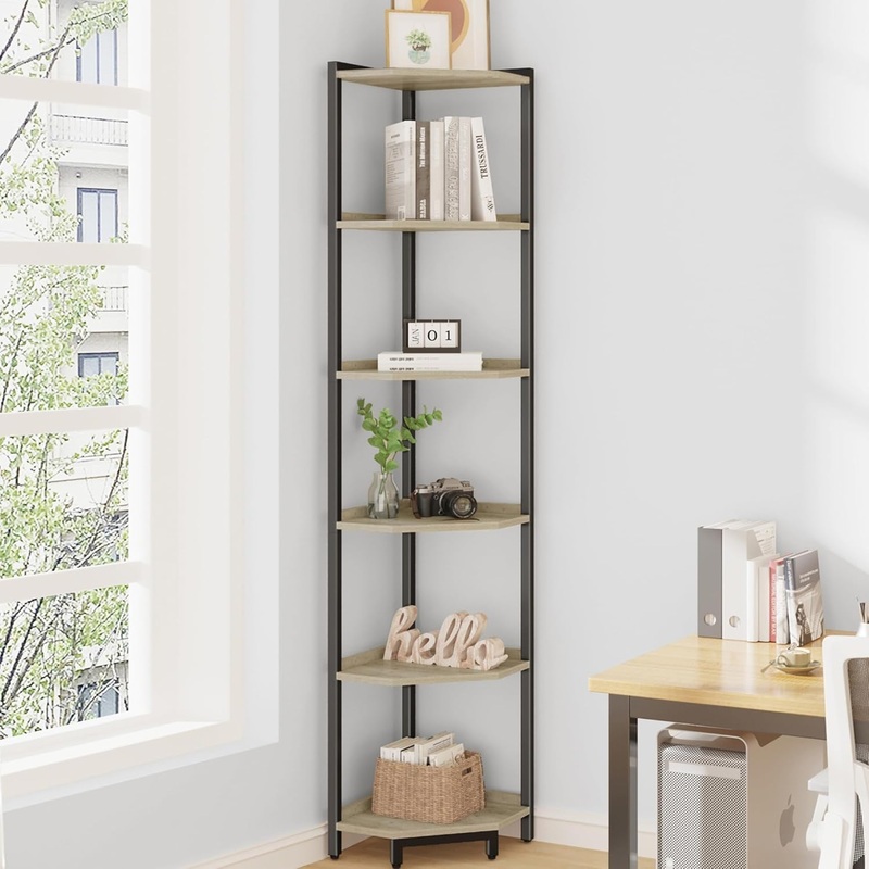 Corner Shelf Stand, Corner Bookshelf, Storage Standing Shelf Unit with Metal Frame, Plant Stand, Corner Bookcase for Living Room, Home Office, Bedroom, 6-Tier Greige CS06005B Greige 6 Tier