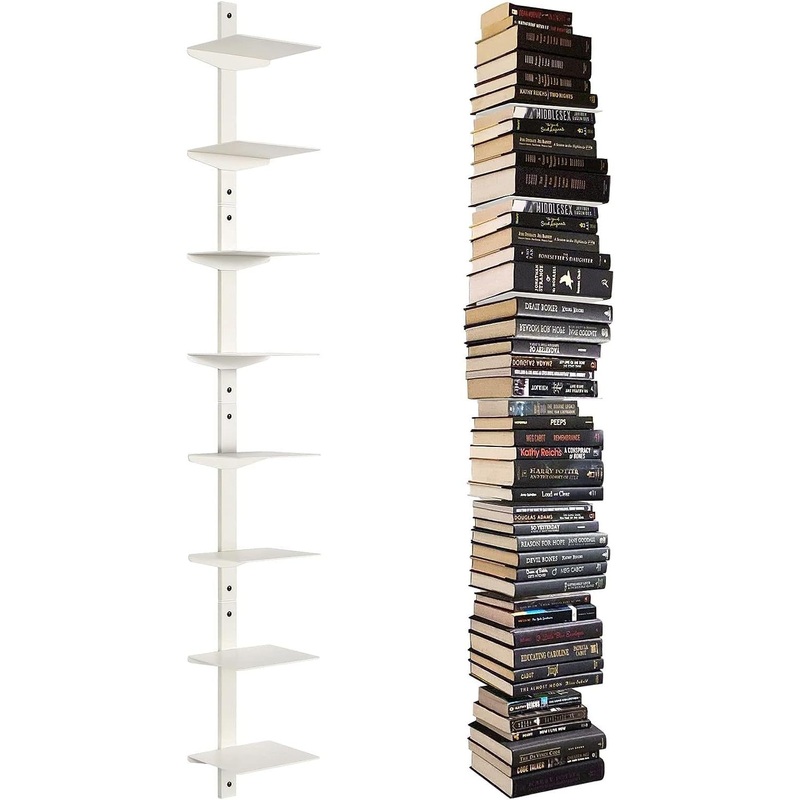 Invisible Floating Bookshelf for Wall Mounted, 8 Tier Vertical Spine Book Tower, Heavy-Duty Metal Book Organizers for Home Office, 4 Pack White White 4Pc-8 Tier