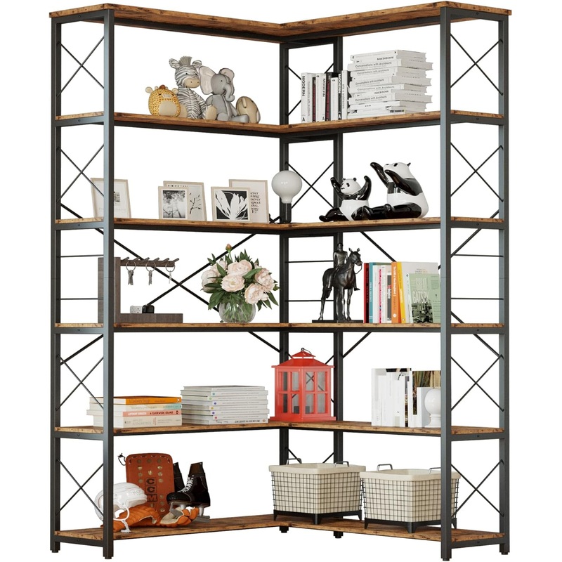 6-Shelf Corner Bookcase, Vintage Industrial Corner Bookshelf Etagere Bookcase, 6 Tiers Corner Shelf Storage Rack with Metal Frame for Living Room Home Office