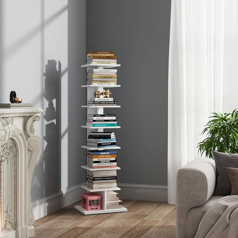 Vertical Bookshelf, 8-Tier Bookcase, Narrow Spine Book Shelf for Small Space, Corner Standing Shelf for Living Room, Office, Study, Entryway, White BS06BW008 White