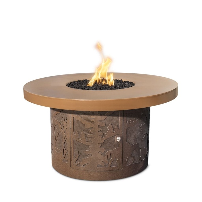 46″ Outback Cattle Ranch GFRC Metallic/Rustic Top and Powdered Steel Base Round Natural Gas Fire Table – 12V Electronic – The Outdoor Plus Metallic Bronze Black