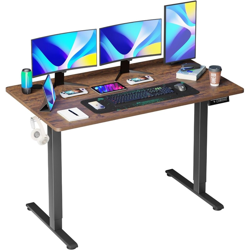 55 Inch Height Adjustable Gaming Desk Electric Standing Desk That Raises up and down Modern Computer Table with Electric Lifting Headphone Hook, Brown Brown 55In