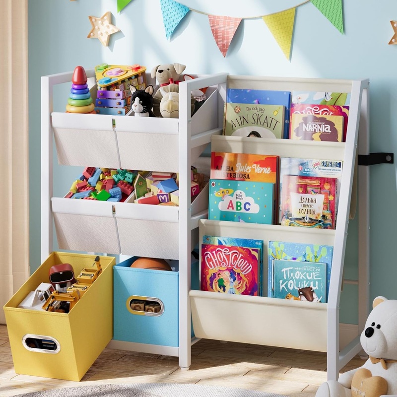 Kids Bookshelf Toy Storage Organizer – Book Shelf for Kids Rooms, 6 Toy Bins for Kids Organizer and 3 Sling Kids Bookcase, Toddler Baby Montessori Nursery Bookshelf Childrens Book Rack Display