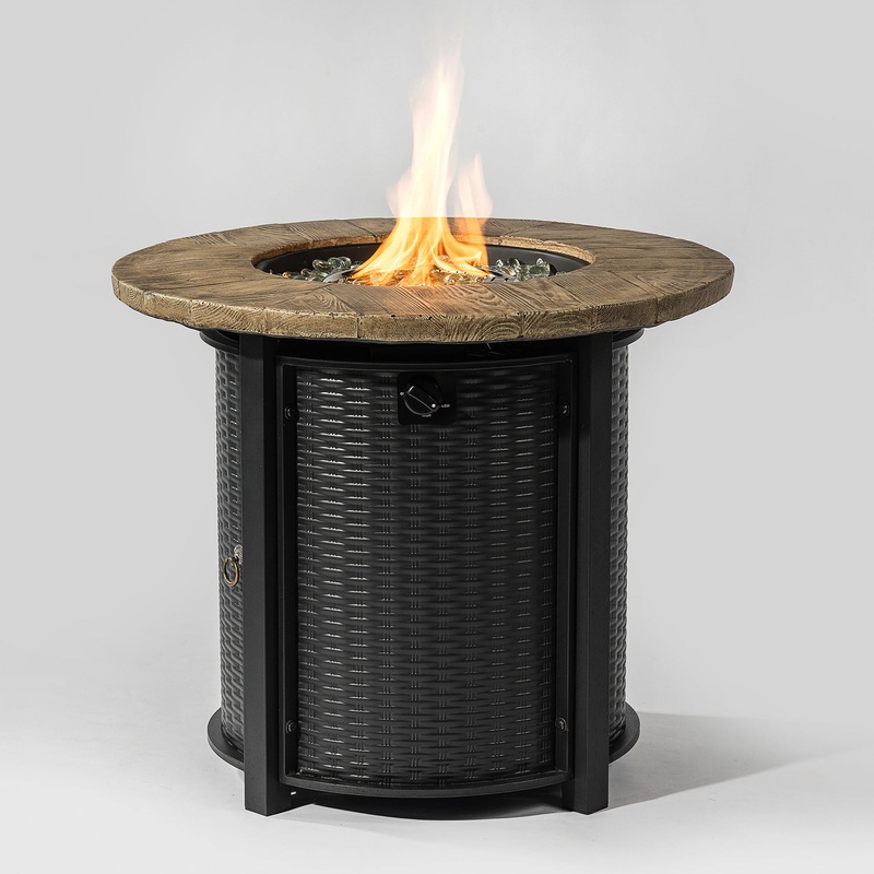 30″ Propane Gas Fire Pit Table, 50000 BTU Round Steel Fire Pit with Imitation Wood Grain Finish for Outside Patio Deck Garden Backyard- Black Black