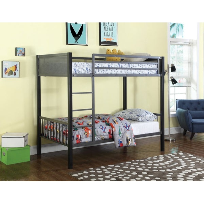 Metal Twin-Over-Twin Bunk Bed With Built-In Ladder, Gunmetal Gray & Black