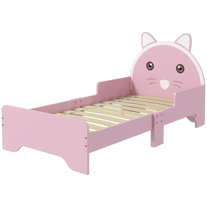 ZONEKIZ Bed for Kids Cat Design Toddler Bed Frame Bedroom Furniture with Guardrails, for 3-6 Years, 143L x 74W x 72Hcm – Pink