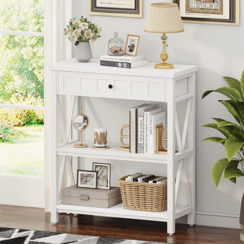 Small Bookcase with Drawer, Wood and Metal Bookshelf for Small Space, Short Book Shelf and Low Book Case for Living Room (White Oak) White Oak With Drawer